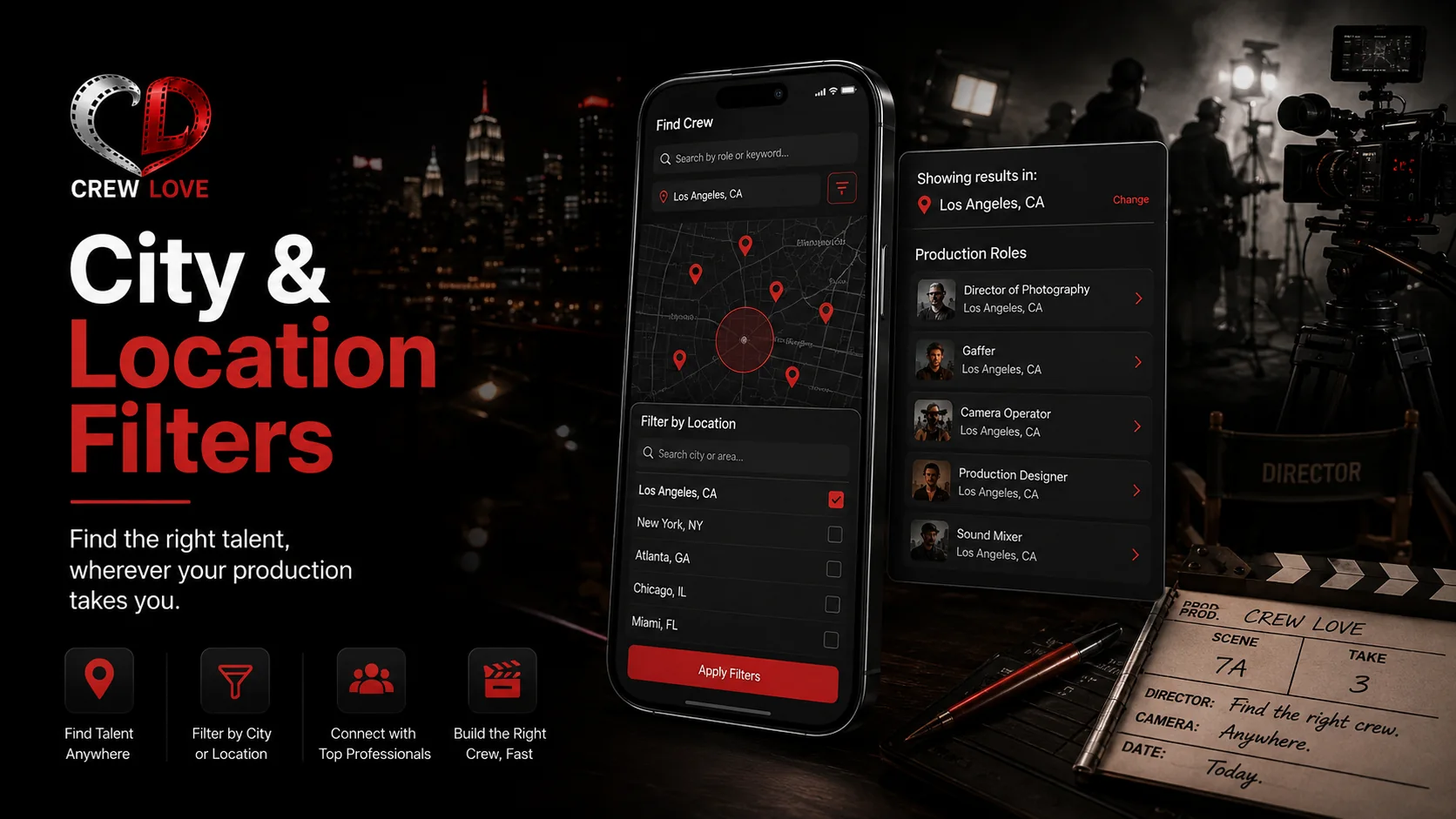 Crew Love city and location filter feature